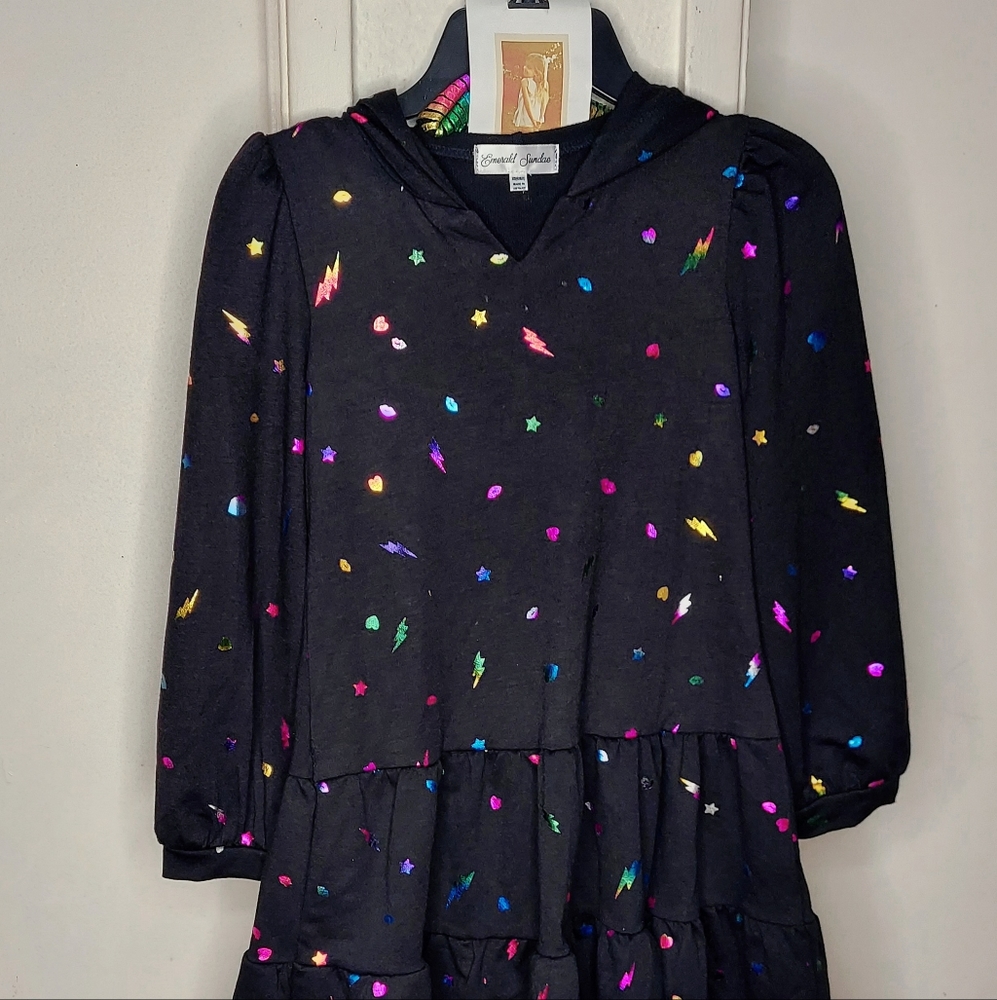 Emerald Sundae Girls Black Long Sleeve Dress W/Hoddie and Beanie. Size M (10-12)
